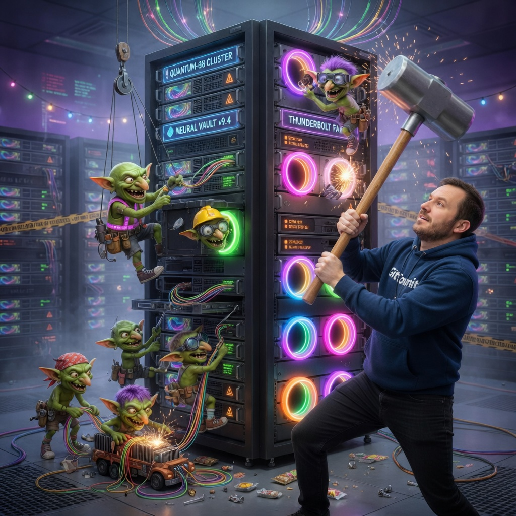 An engineer with a sledgehammer faces code gremlins swarming the server rack — the eternal battle for code quality