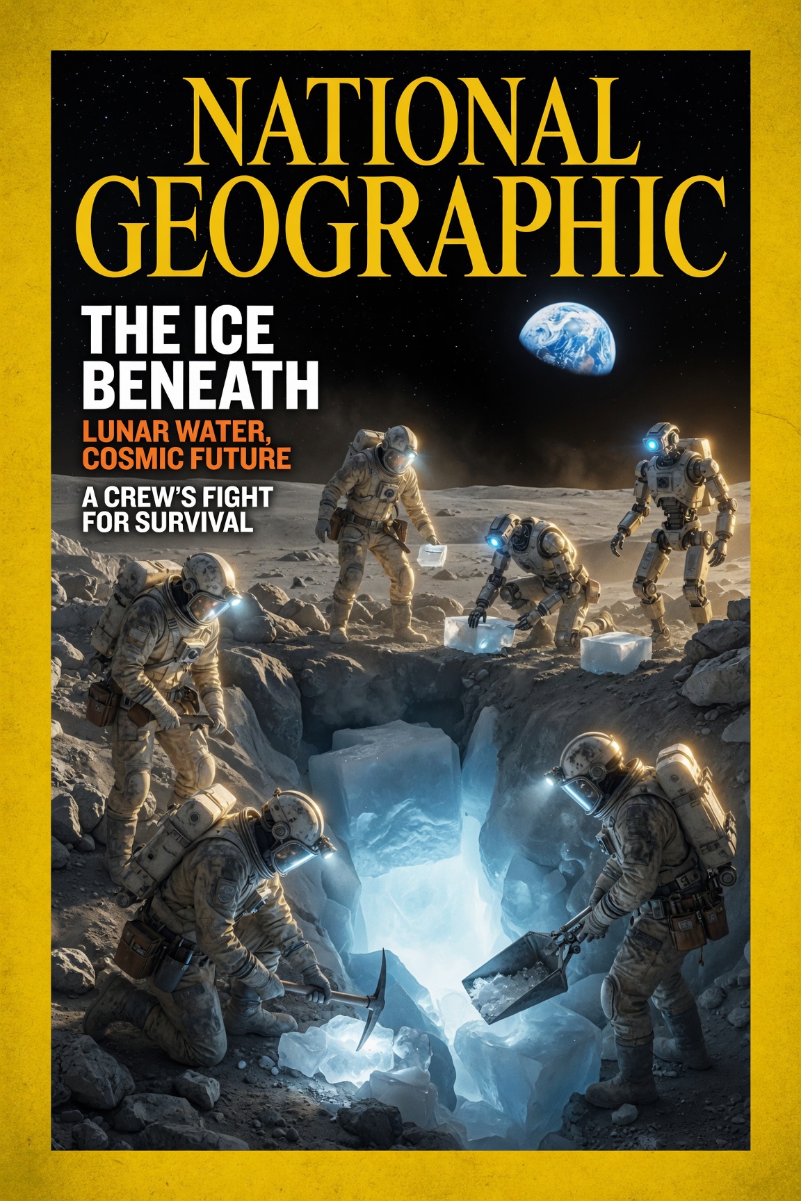 The Ice Beneath — astronauts and robots mining lunar water ice, National Geographic style cover