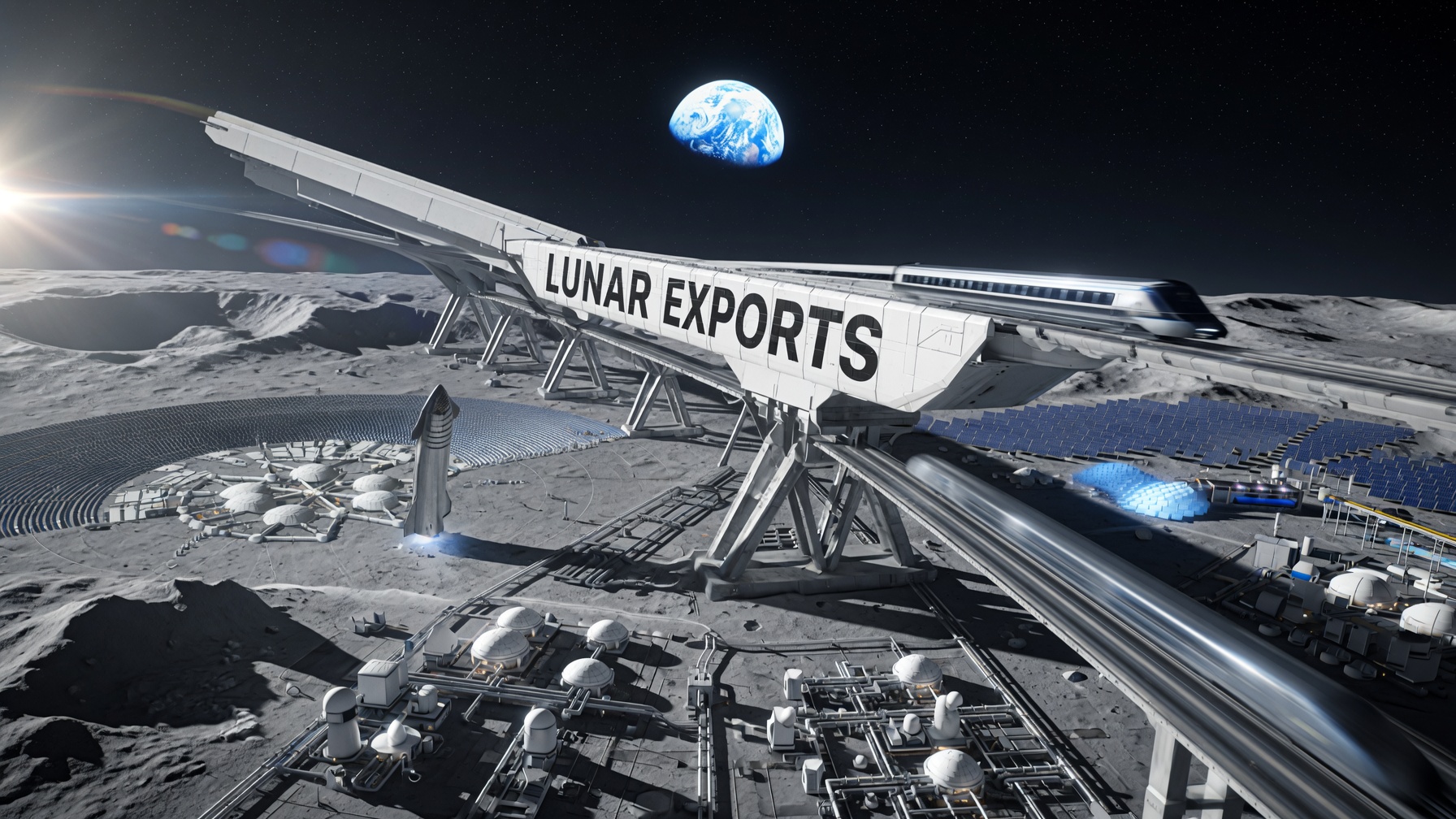 Lunar Exports mass driver — electromagnetic launcher accelerating cargo from the lunar surface, powered by solar arrays