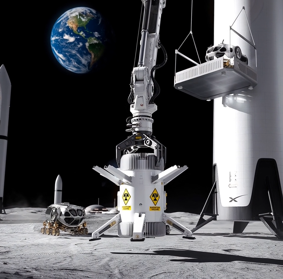 Fission Surface Power — a nuclear reactor being deployed on the lunar surface by Starship crane, with rover and Earth in the background