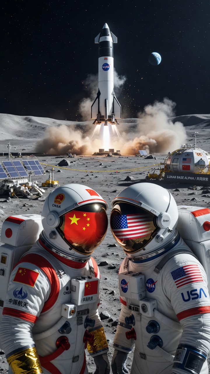 The new space race — CNSA and NASA astronauts face to face on the lunar surface, Starship launching behind them