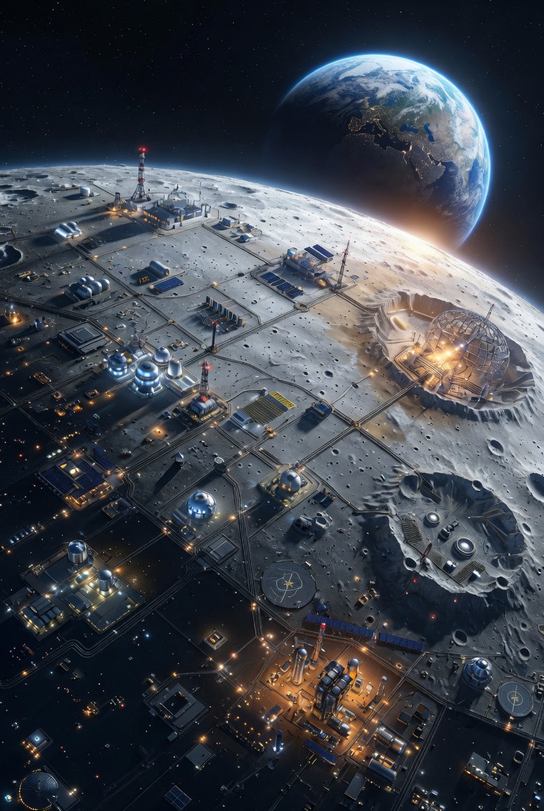 Lunar industrial outpost — robots and humans building the first off-world refinery
