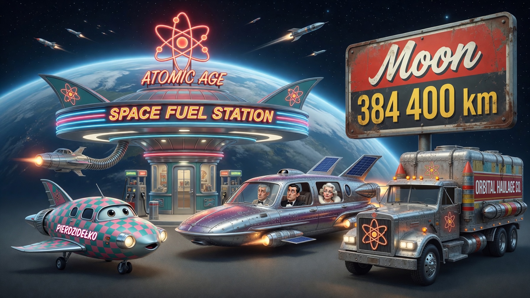 Atomic Age Space Fuel Station — orbital refuelling, retro-futurism style