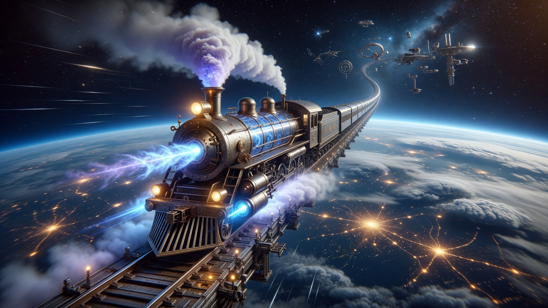 The space railroad — a steam locomotive riding orbital tracks above Earth, connecting ground infrastructure to orbital stations