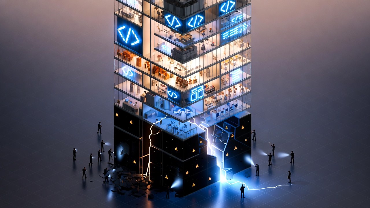 Cognitive Debt — a building with crumbling, invisible foundations