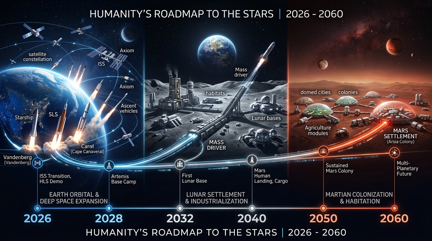 Space industrialization timeline roadmap from 2026 to 2060 — Earth, Moon, and Mars connected by trajectory lines